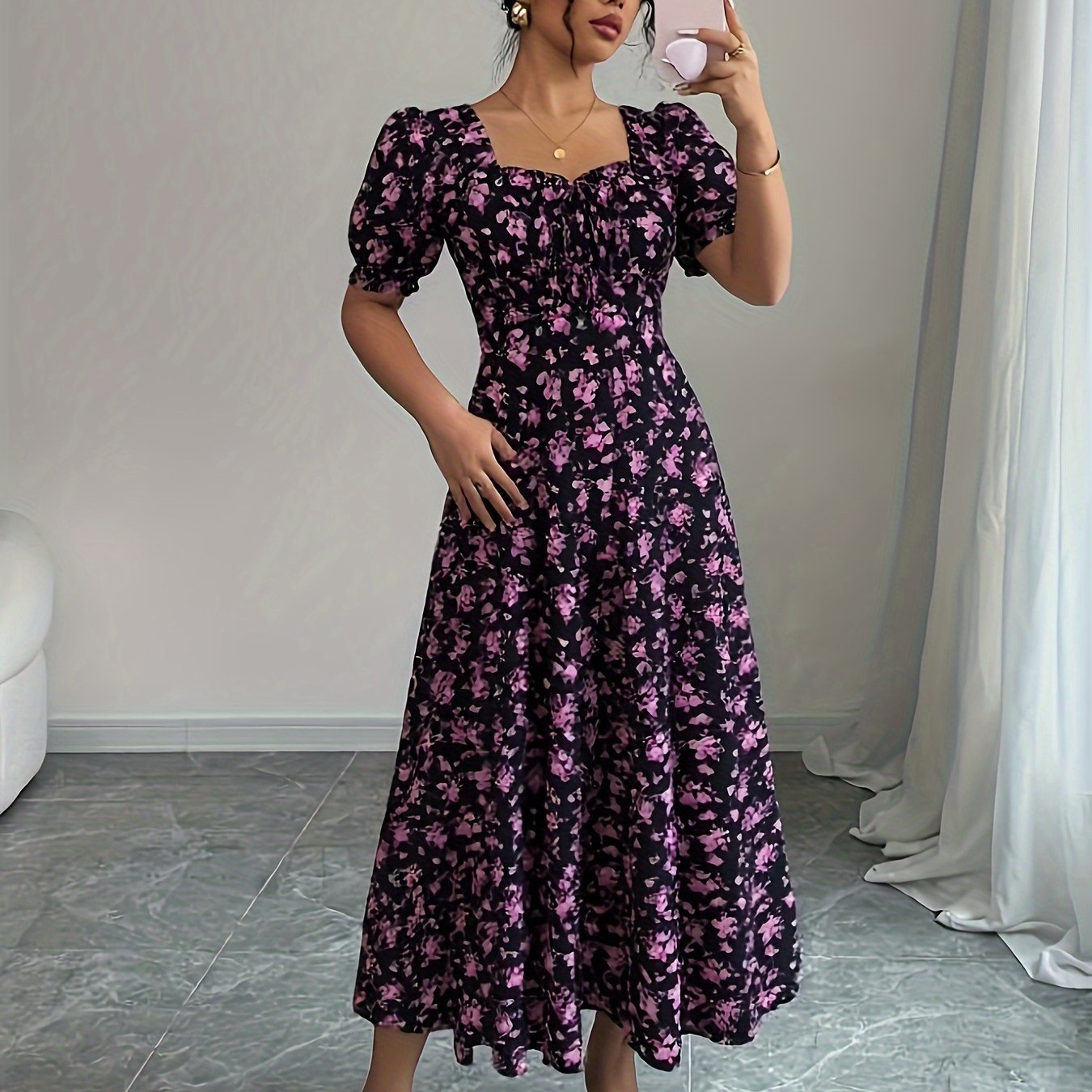 TEMU Elegancka Sukienka Maxi z Krótkim Rękawem w Kwiatowy Wzór, z Wiązaniem z Tyłu i Sznurkiem z Przodu, Idealna na Wakacje na Plaży, Fashion,