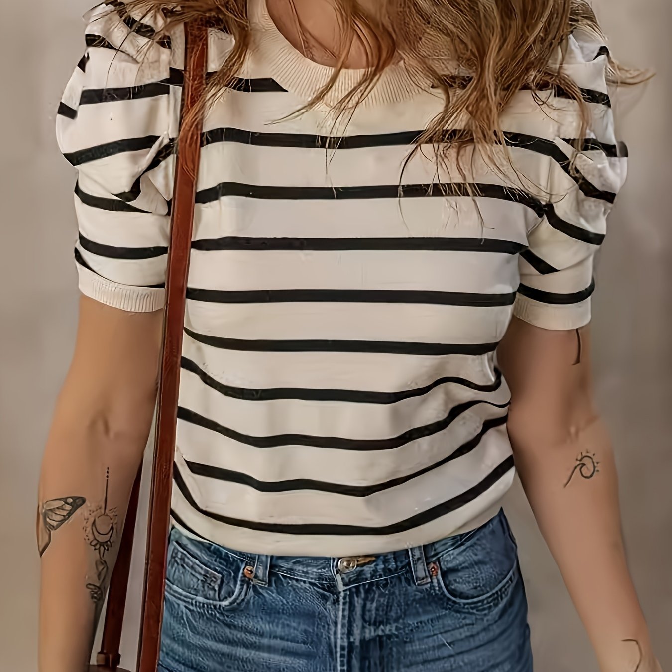TEMU Damski Top z Krótkim Rękawem, Okrągły Dekolt w Paski T-Shirt 2025, Letnia Casualowa Bielizna Modowa