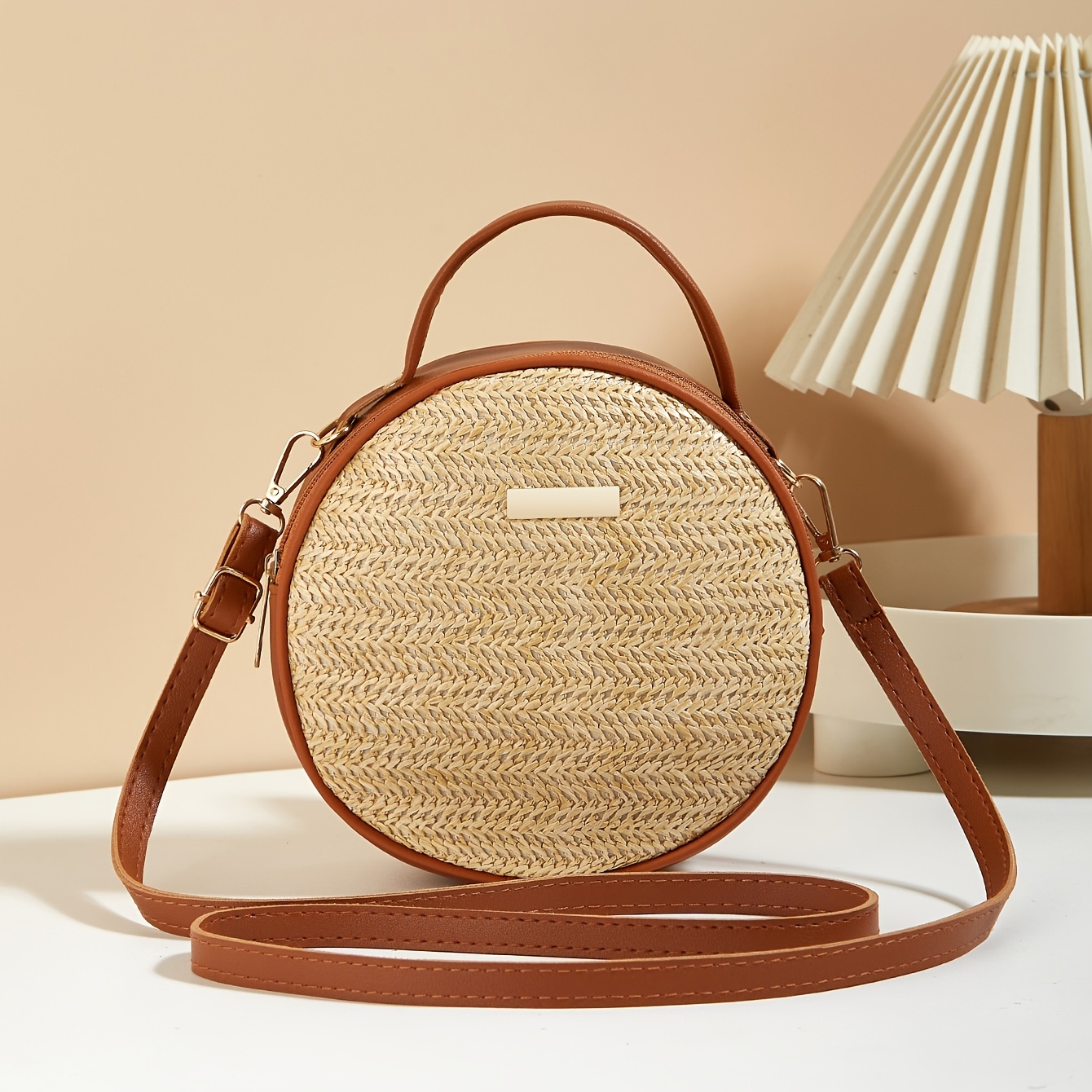 TEMU damska torebka retro z brązowym brzegiem, z słomy, mała okrągła torba, torebka i torba crossbody do użytku podwójnego, torba plażowa w stylu