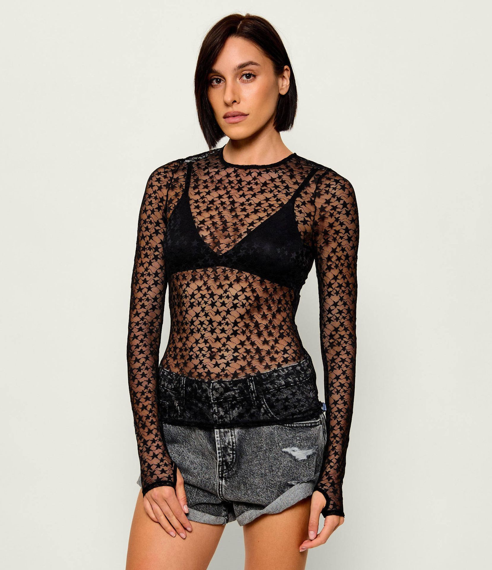 One Teaspoon Koronkowa bluzka Black magic star Slim Fit