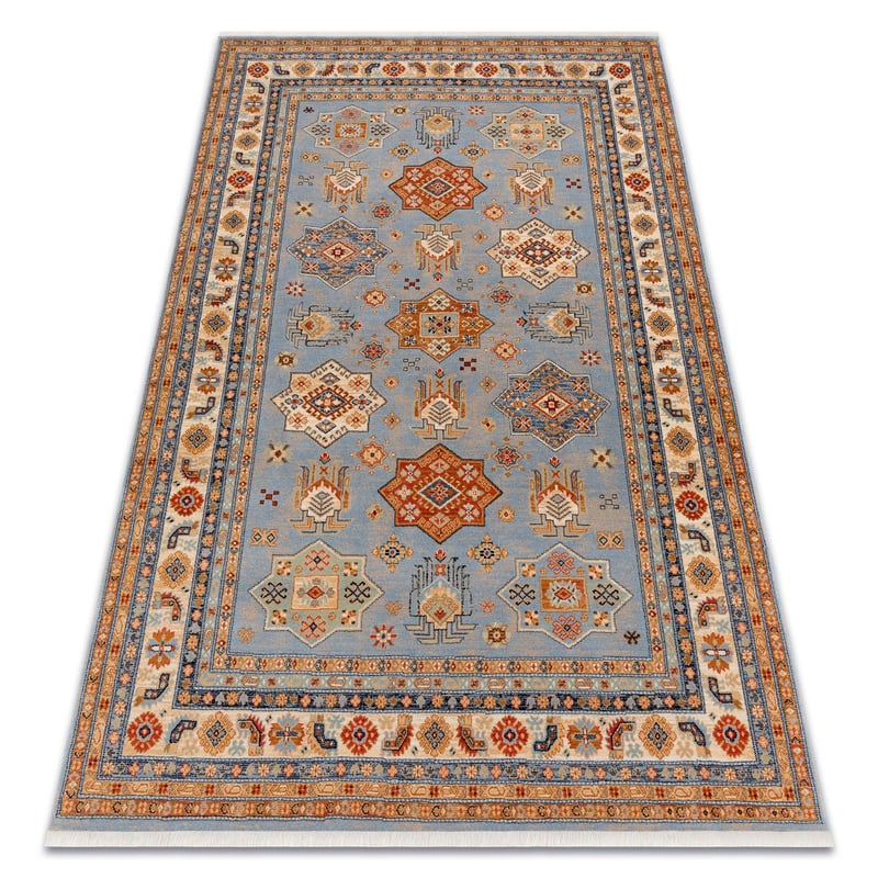Dywan wełniany KESHAN Frędzle, Ramka orientalny 7683/53544 beż / niebieski 250x340 cm