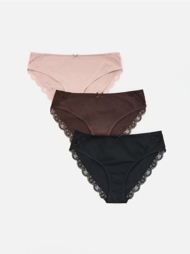 Reserved - Bawełniane majtki figi z koronką 3 pack - brązowy