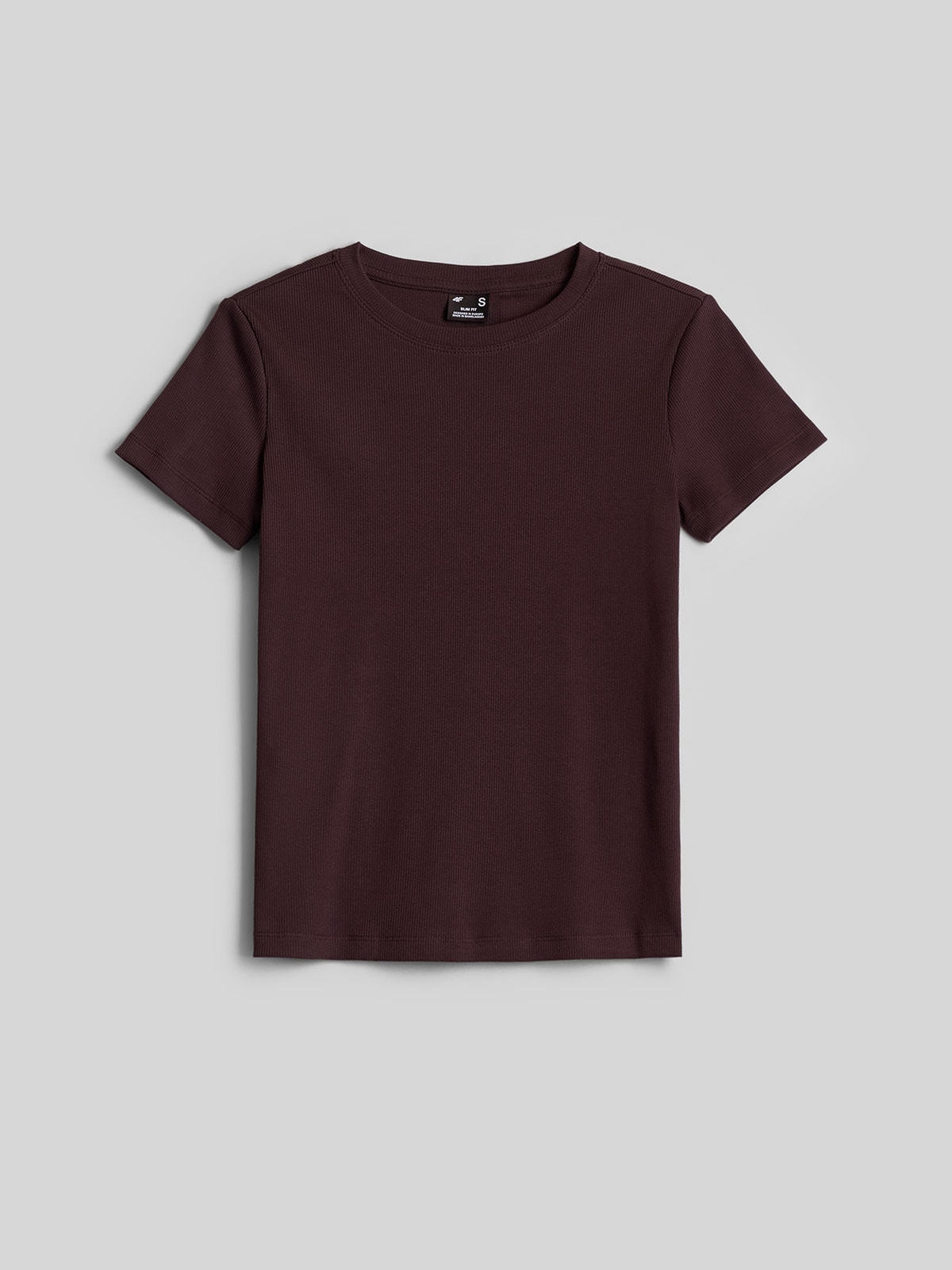 4F T-shirt slim z prążkowanej dzianiny damski - brązowy XS