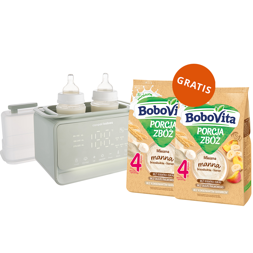 Canpol Babies, podgrzewacz i sterylizator 7w1, z termostatem i lampką + BoboVita Porcja Zbóż Kaszka manna, brzoskwinia-banan, mleczna, po 4 miesiącu, 2 x 210 g gratis
