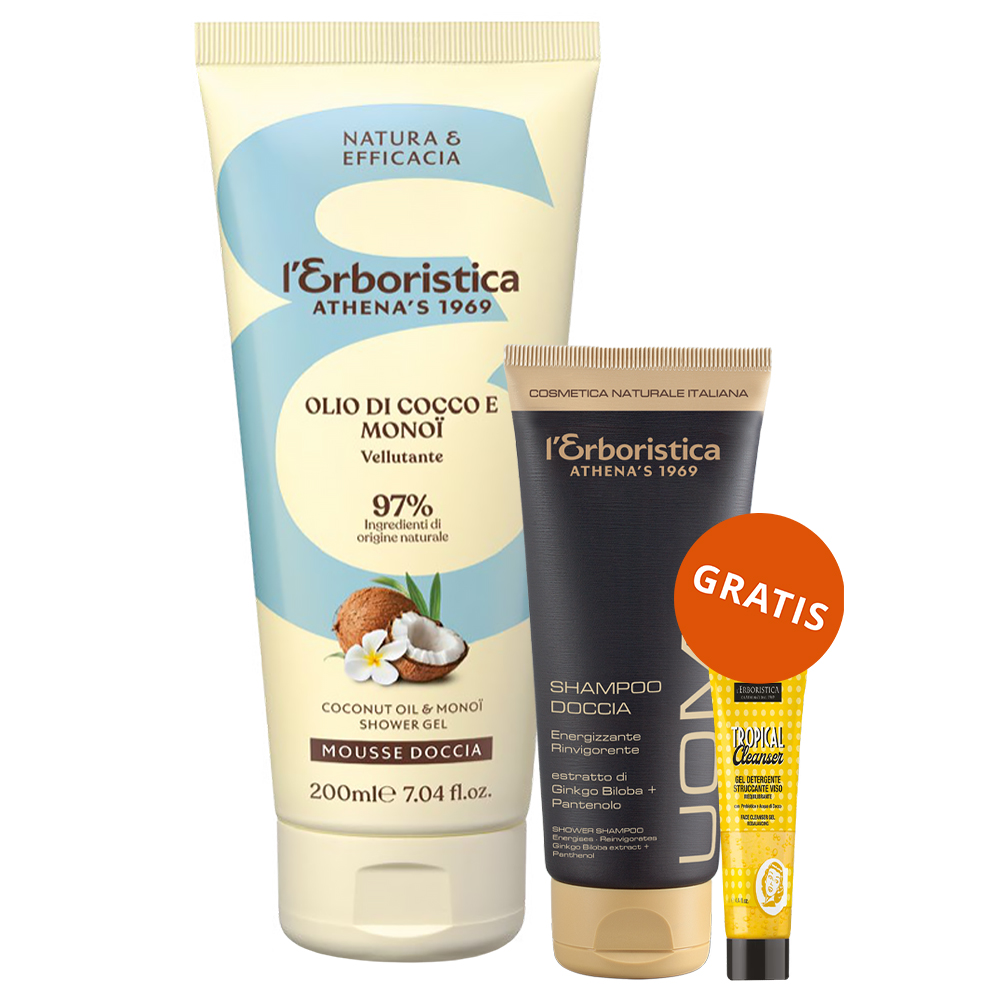L'Erboristica Kokos & Monoi, żel-mus pod prysznic olej kokosowy i monoi, 200 ml + żel pod prysznic 2w1, 100 ml i żel do oczyszczania twarzy, 20 ml gratis