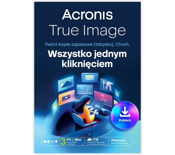 Acronis True Image Premium 3 PC lub Mac + 1TB europejskiej chmury Acronis Kod aktywacyjny