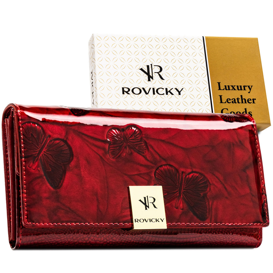 Duży, czerwony portfel damski z lakierowanej skóry naturalnej z systemem RFID - Rovicky
