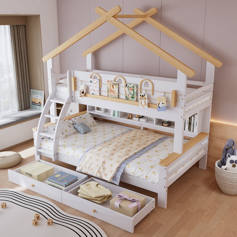 Łóżko piętrowe 90x200cm + 120x200cm - z 2 szufladami - z otwartymi półkami - drabinka 4-stopniowa - lite drewno + płyta MDF - kolor biały + naturalny