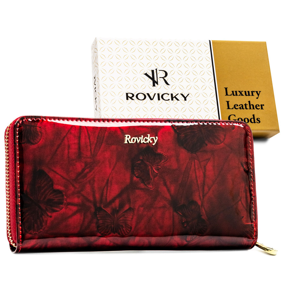 Modny portfel damski z lakierowanej skóry naturalnej w czerwonym kolorze zamykany suwakiem - Rovicky