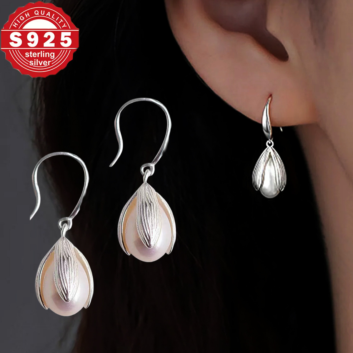 TEMU Srebrne kolczyki damskie 925 Sterling z perełą słodkowodną, eleganckie kolczyki typu 