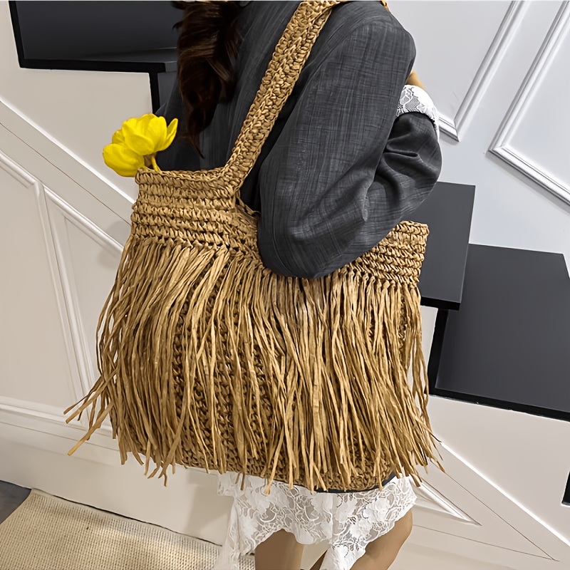 TEMU Torba typu tote dla kobiet, duża pojemność, styl retro z frędzlami, torba z trzciny, torba plażowa, niezbędna w stylu wakacyjnym, duża pojemność