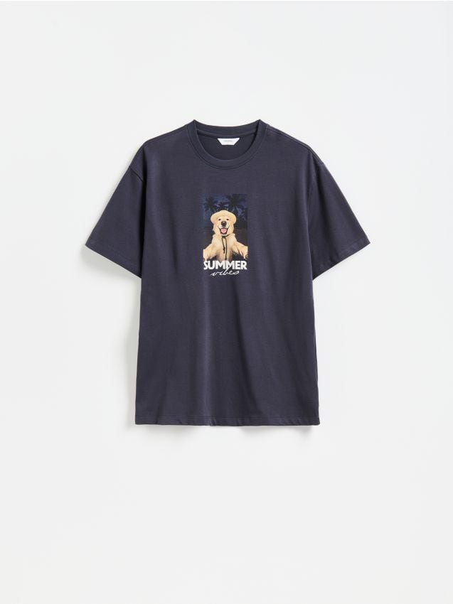 Reserved - T-shirt regular z nadrukiem - granatowy