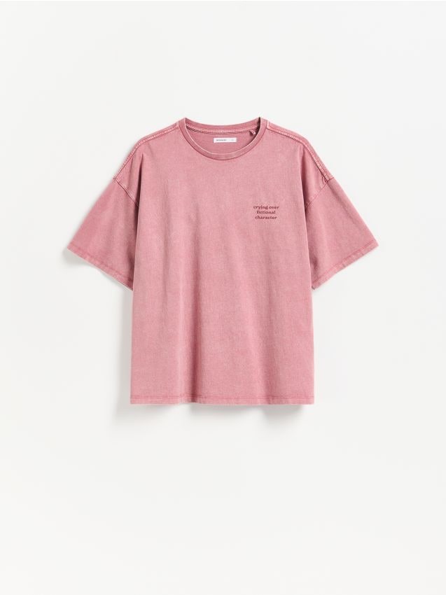 Reserved - Bawełniany t-shirt z napisem - bordowy