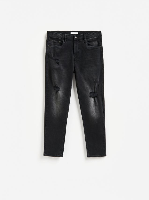 Reserved - Jeansy carrot slim z przetarciami - czarny
