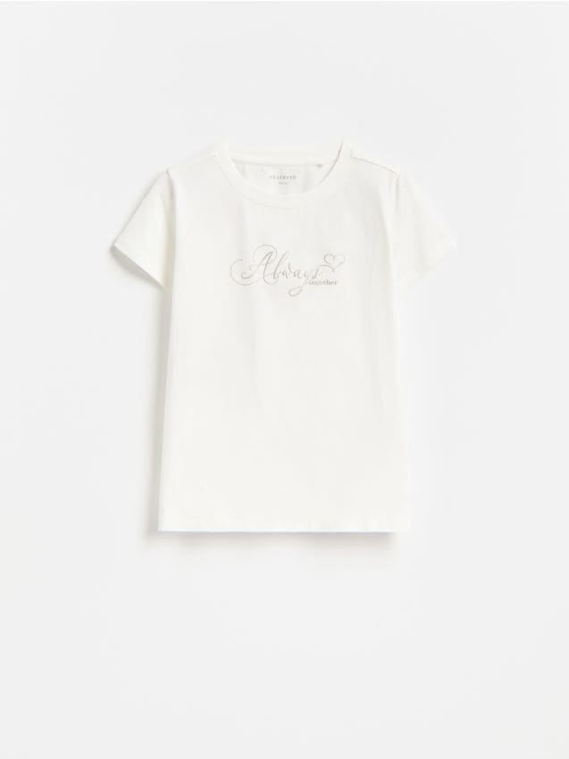 Reserved - T-shirt z haftowanym napisem - złamana biel