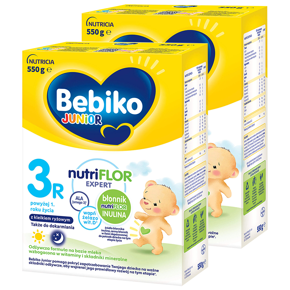 Zestaw Bebiko Junior 3R Nutriflor Expert, odżywcza formuła na bazie mleka z kleikiem ryżowym, powyżej 1 roku, 2 x 550 g