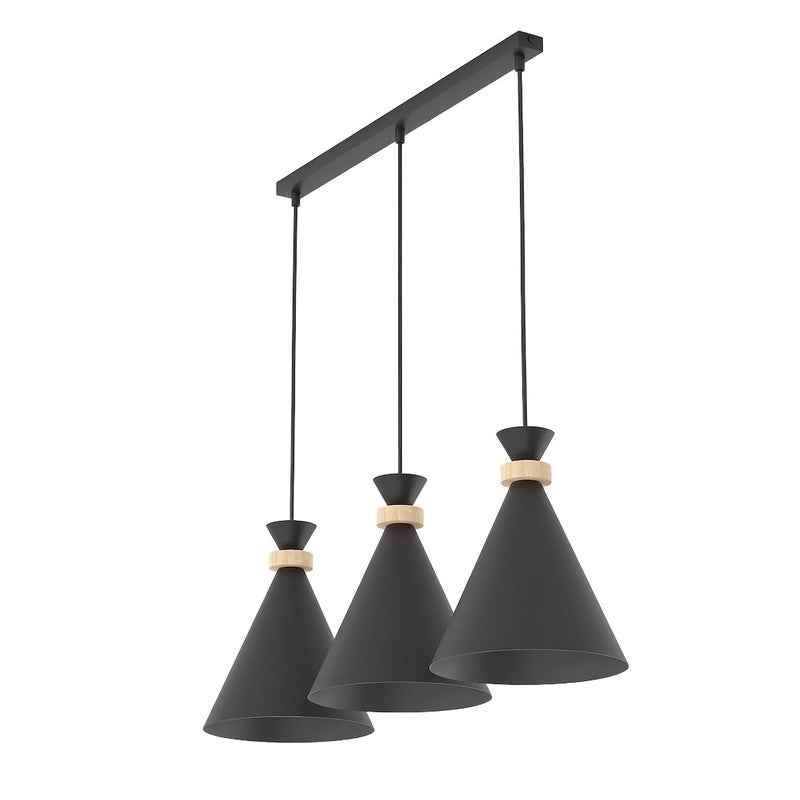 Lampa wisząca listwa stożkowe klosze drewniane detale ZERO czarny 3xE27x15W metal wym:140x78x23cm IP20 Emibig