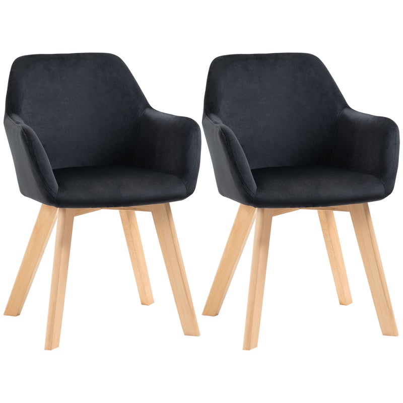 Zestaw 2 ergonomicznych krzeseł kuchennych z przedłużonymi podłokietnikami i oparciem, udźwig do 120 kg, poliester i drewno, czarny 54x57x80 cm