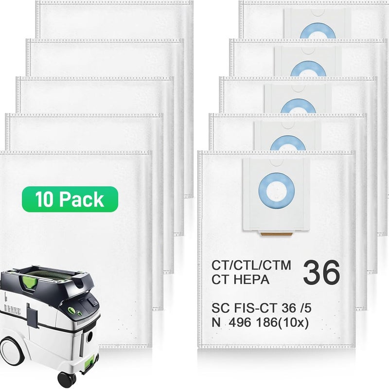 Opakowanie 10 worków filtracyjnych do odkurzaczy Festool CT 36/CTM 36 E/CTL 36 E CLEANTEC, worki jednorazowe i o dużej pojemności do odkurzaczy Festoo