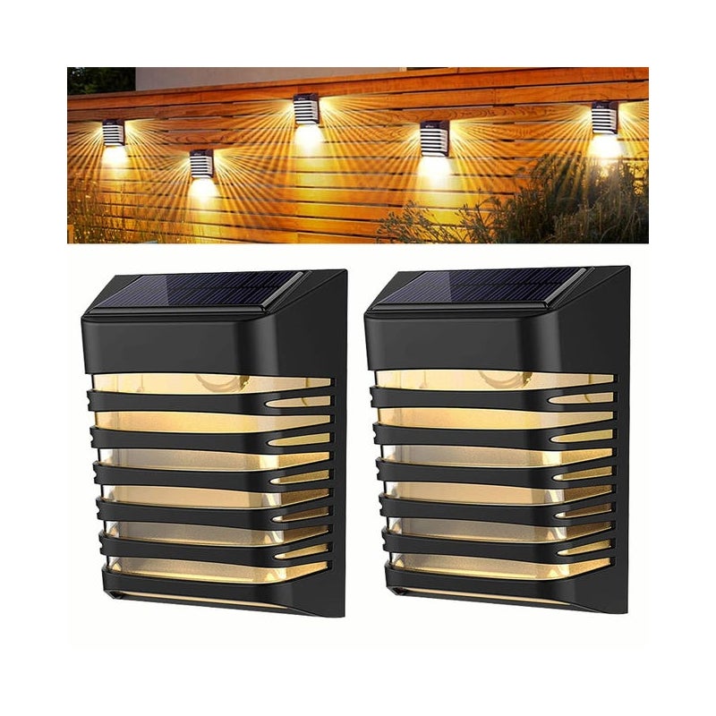 Zestaw 2 lamp solarnych LED na patio, zewnętrznych lamp solarnych ściennych, wodoodpornych IP65, z 2 trybami, ciepłe białe światło