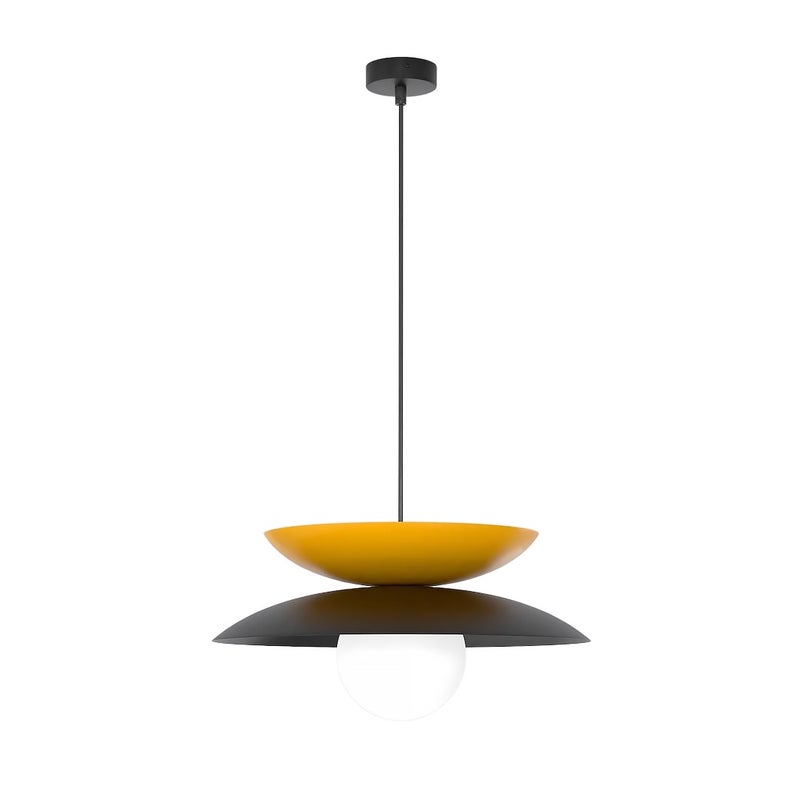 Lampa wisząca warstwowe dyski z kulą NAGOYA czarno-pomarańczowo-biały 1xG9x8W metal wym:140x41x41cm IP20 Emibig