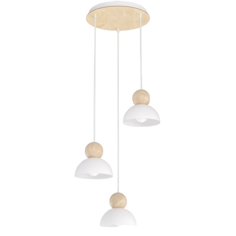 Lampa wisząca okrągła kopułowe klosze z drewnianymi kulkami KAKI biało-beżowy 3xE27x15W metal wym:140x41x41cm IP20 Emibig