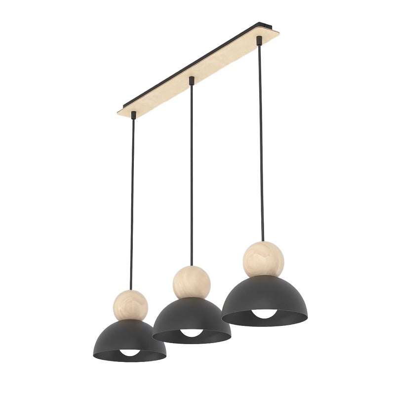 Lampa wisząca listwa kopułowe klosze z drewnianymi kulkami KAKI czarno-beżowy 3xE27x15W metal wym:140x73x18cm IP20 Emibig