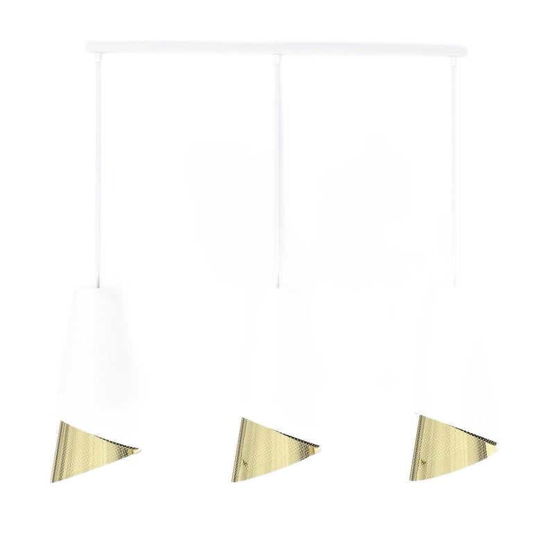 Lampa wisząca listwa asymetryczne stożkowe klosze MODA biało-złoty 3xE27x15W metal wym:140x95x20cm IP20 Emibig