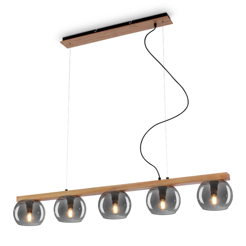 Lampa wisząca, z drewnem, szkło dymione, 5xE14/max.1