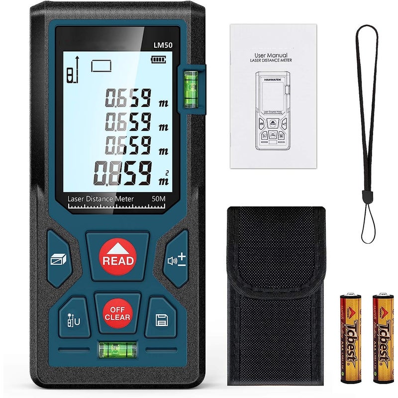 Cyfrowy dalmierz laserowy, LM50 50m Cyfrowy miernik laserowy, pomiar długości/powierzchni/objętości/twierdzenia Pitagorasa z podświetlanym ekranem LCD