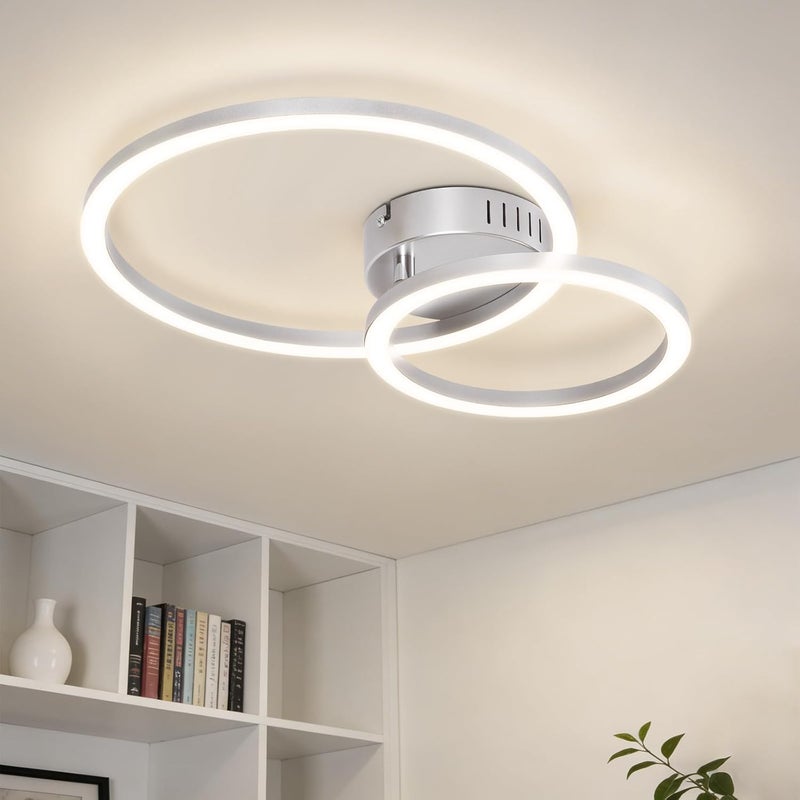 NETTLIFE 40 cm 23 W Nowoczesna srebrna lampa sufitowa LED, 2-pierścieniowa, 4000 K, neutralna biel, idealna do salonu, sypialni, kuchni, korytarza