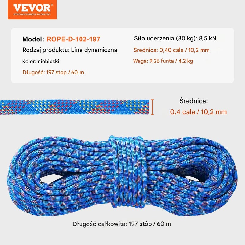 Lina wspinaczkowa dynamiczna 10,2mm 60m 25kN z karabińczykami