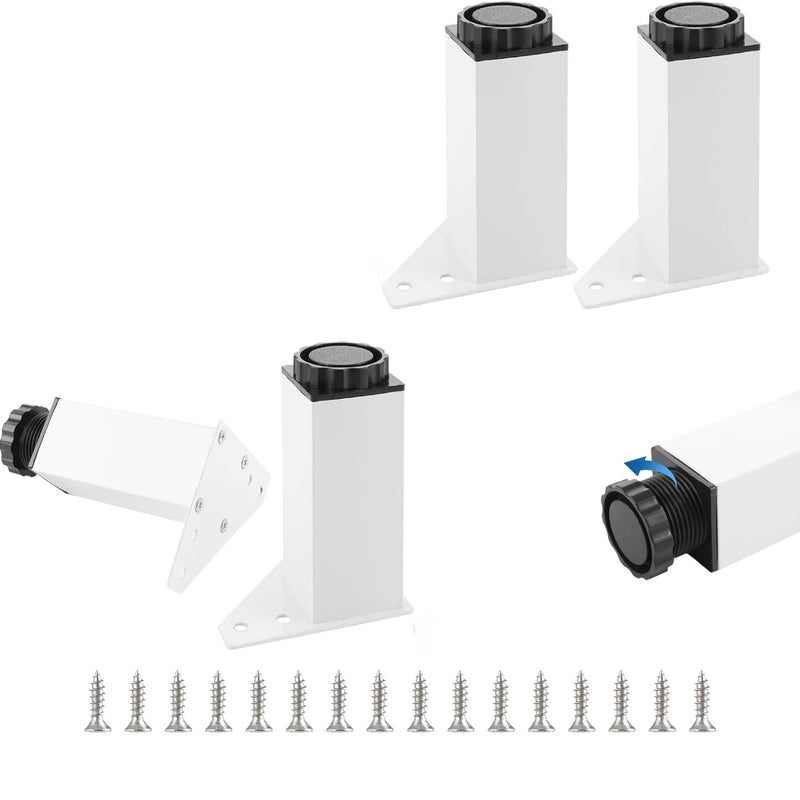 Zestaw 4 regulowanych białych metalowych nóżek meblowych, 100-115 mm - regulowana wysokość