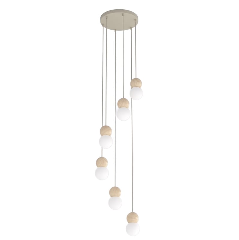 Lampa wisząca drewniane i szklane kulki LOOP beżowo-biały 6xG9x8W drewno wym:140x33x33cm IP20 Emibig