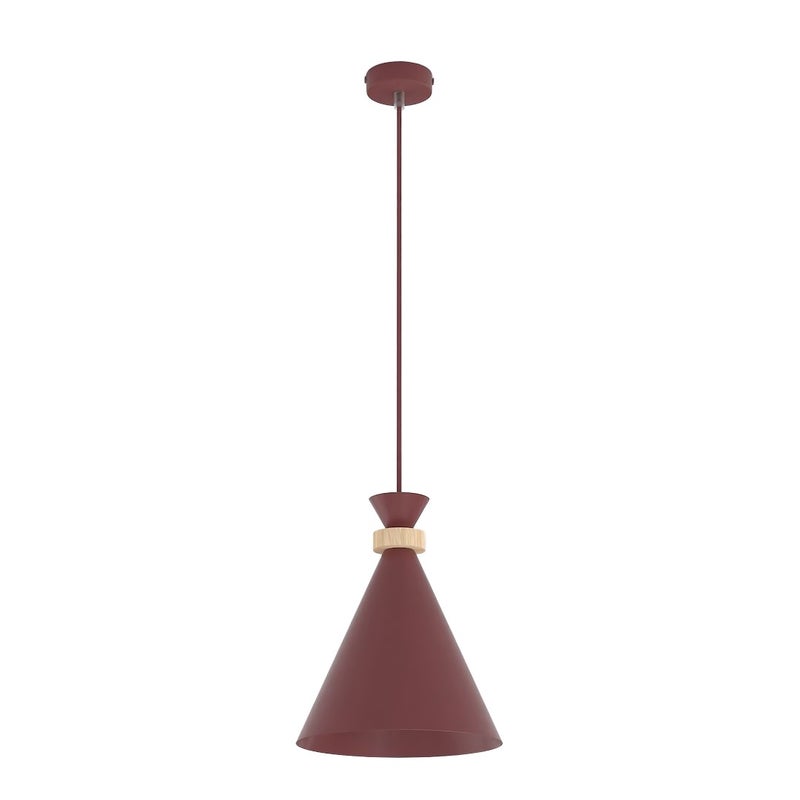 Lampa wisząca stożkowy klosz z drewnianym detalem ZERO burgundowy 1xE27x15W metal wym:140x23x23cm IP20 Emibig
