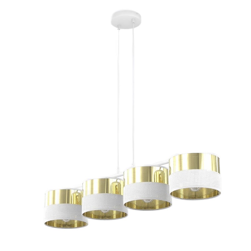 Lampa wisząca listwa perforowane klosze LUX biało-złoty 4xE27x15W metal wym:140x96x20cm IP20 Emibig