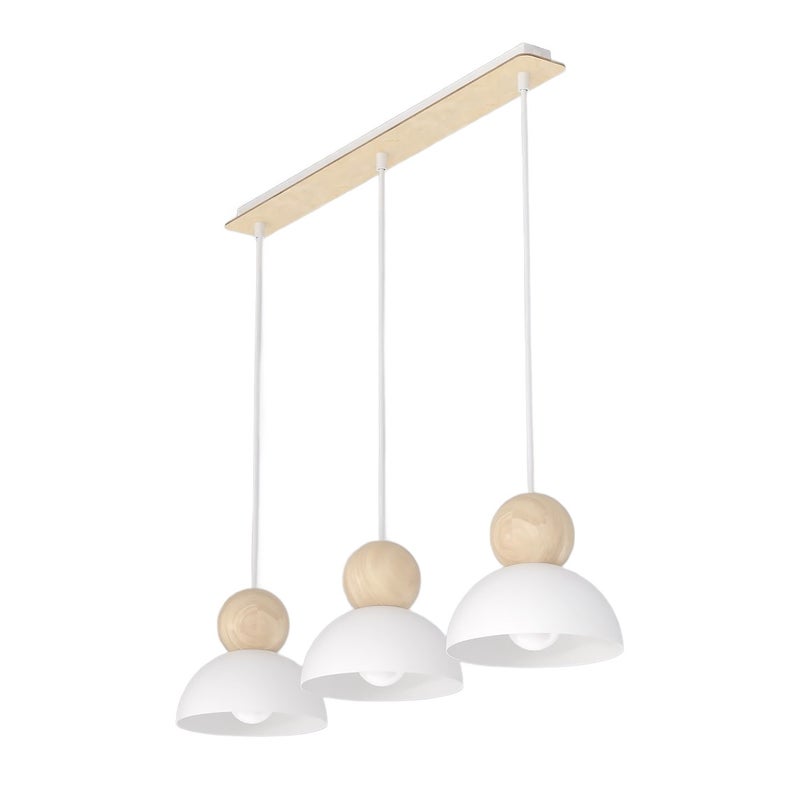 Lampa wisząca listwa kopułowe klosze z drewnianymi kulkami KAKI biało-beżowy 3xE27x15W metal wym:140x73x18cm IP20 Emibig