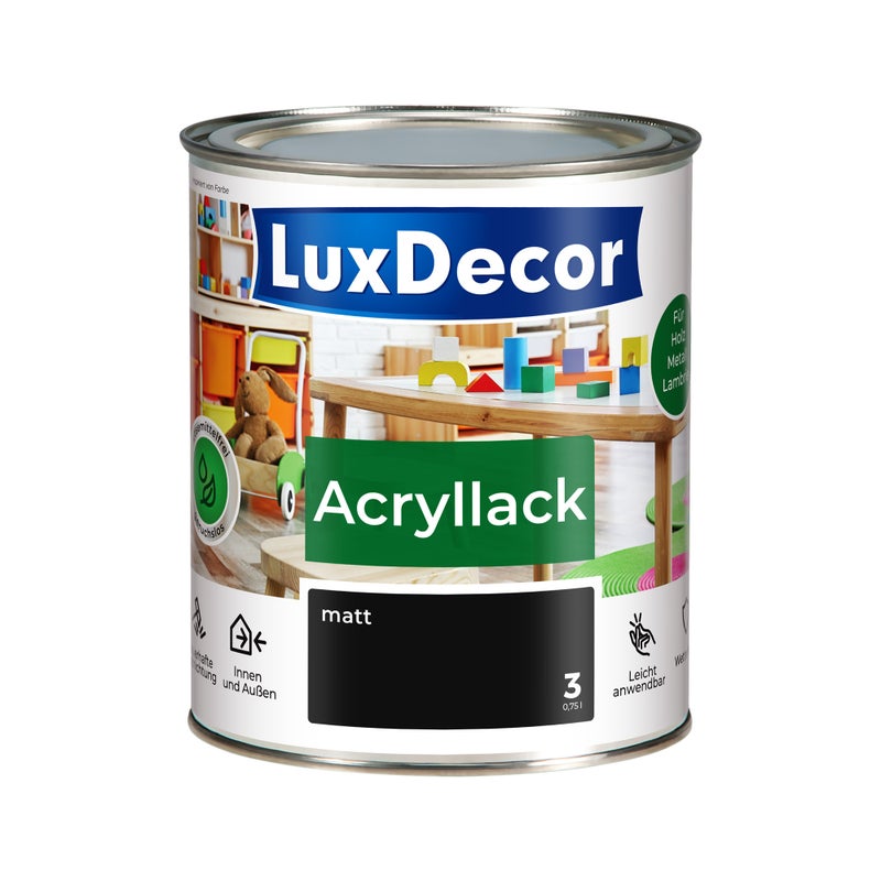 LUXDECOR Emalia akrylowa Lakier do metalu i drewna Mat (03) Absolut schwarz 0,75 L