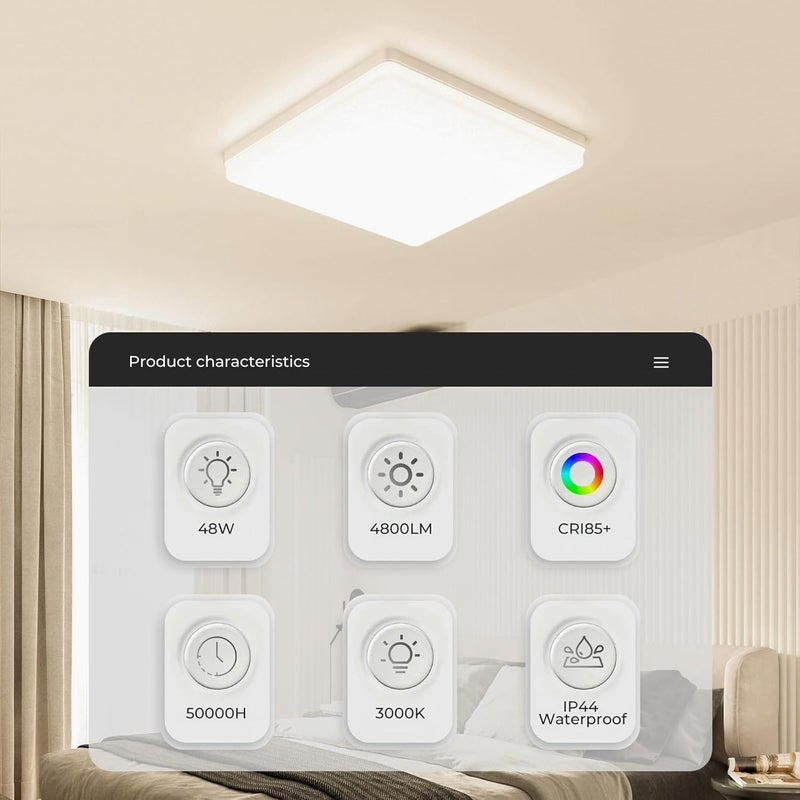 Panel oświetleniowy sufitowy UFO LED: 30 cm, 48 W, kwadratowe, nowoczesne lampy sufitowe, 3000 K, 4800 lm, IP44, wodoodporna oprawa sufitowa do sypial