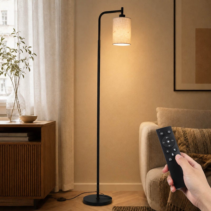 Czarny lampa podłogowa LED 165 cm z abażurem lnianym, pilotem magnetycznym, włącznikiem nożnym i żarówką E27 12W regulowana jasność do Salonu