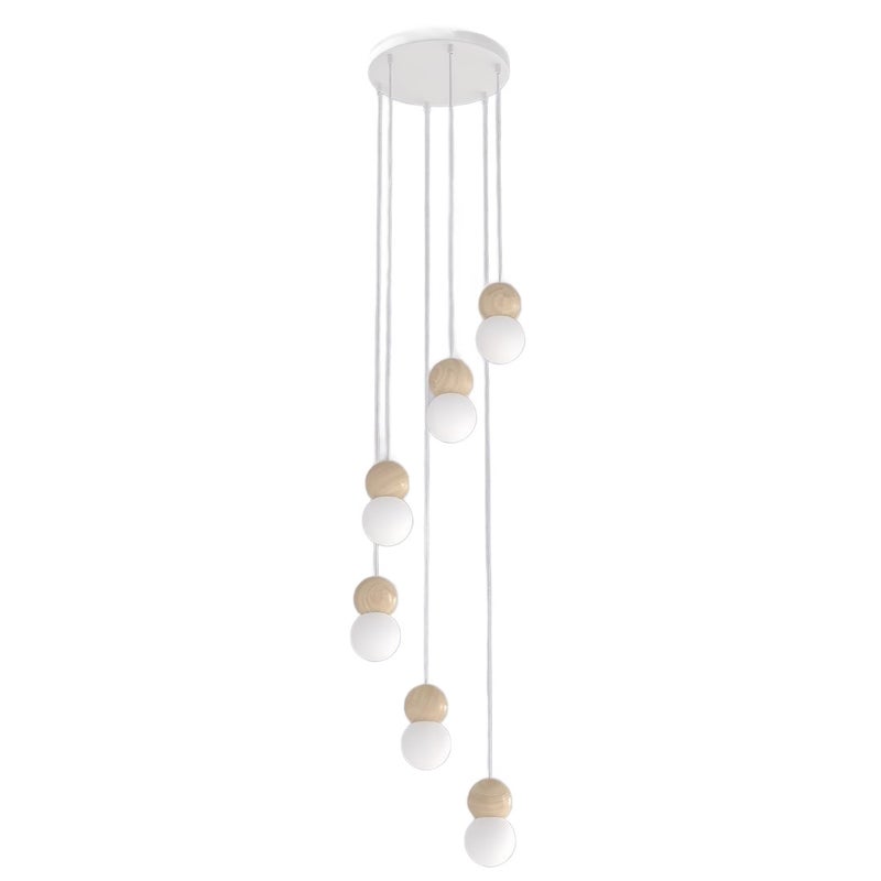 Lampa wisząca drewniane i szklane kulki LOOP biało-beżowy 6xG9x8W drewno wym:140x33x33cm IP20 Emibig