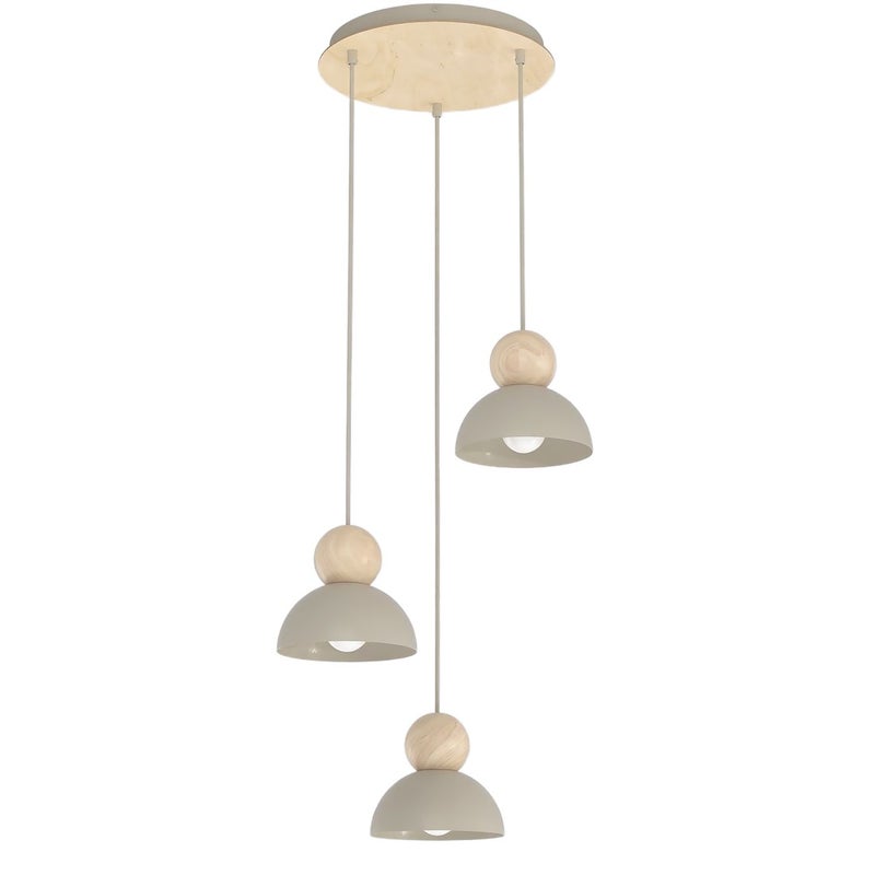Lampa wisząca okrągła kopułowe klosze z drewnianymi kulkami KAKI beżowy 3xE27x15W metal wym:140x41x41cm IP20 Emibig