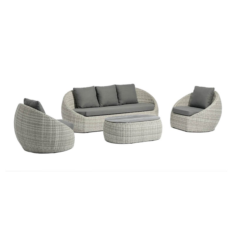 Tempo Style – Zestaw wypoczynkowy SANTORINI PLUS z polirattanu Sofa, stół, 2 fotele, poduszki Zestaw mebli ogrodowych dla 5 osób