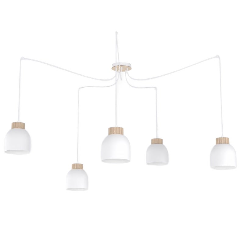 Lampa wisząca pająk klosze z drewnianym akcentem KRU biały 5xE27x15W metal wym:300x300x300cm IP20 Emibig