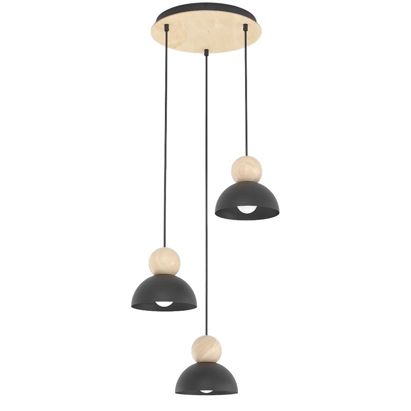 Lampa wisząca okrągła kopułowe klosze z drewnianymi kulkami KAKI czarno-beżowy 3xE27x15W metal wym:140x41x41cm IP20 Emibig