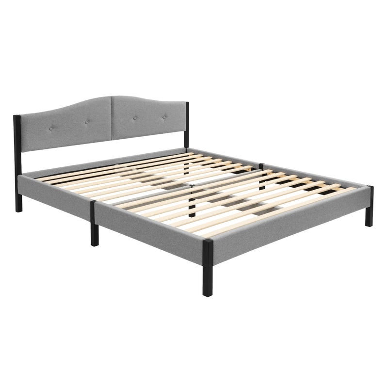ML-Design Łóżko tapicerowane 160x200 cm, model podwojny ze stabilna rama z tkanina lniana i zaglowkiem, stalowa konstrukcja do sypialni, szare