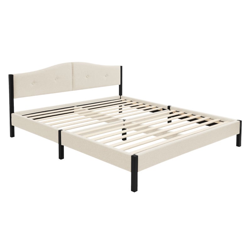 ML-Design Łóżko tapicerowane 160x200 cm, model podwojny ze stabilna rama z tkanina lniana i zaglowkiem, stalowa konstrukcja do sypialni, beżowy