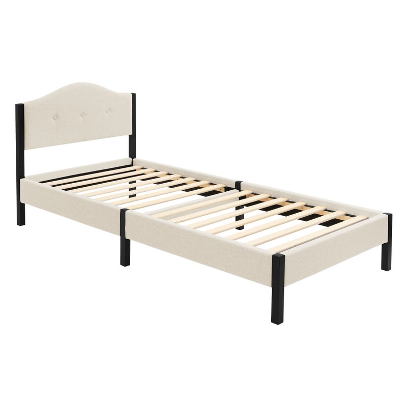 ML-Design Łóżko pojedyncze 90 x 200 cm, model podwojny ze stabilna rama z tkanina lniana i zaglowkiem, stalowa konstrukcja do sypialni, beżowy