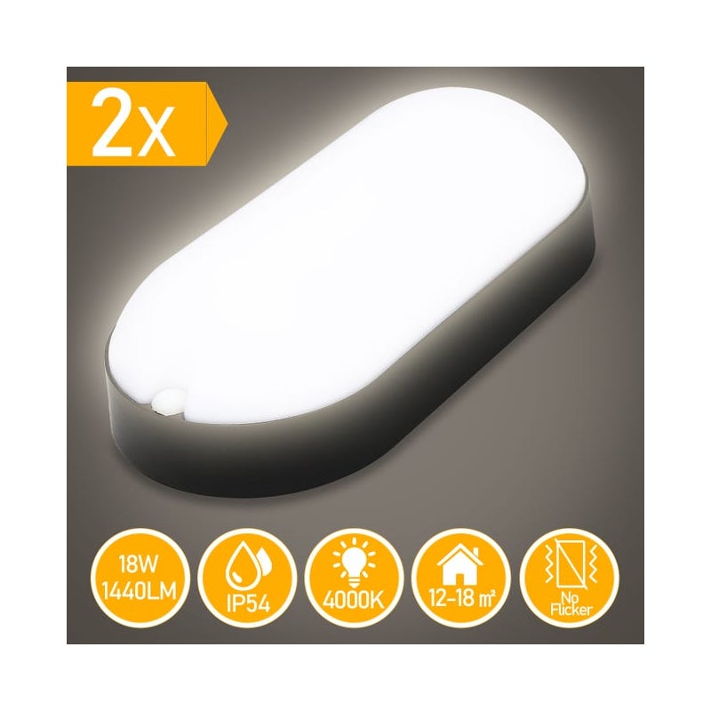 2x odporne na wilgoć lampy sufitowe LED, owalne, klasa ochrony IP54, 15 W, białe, do garażu, łazienki lub biura