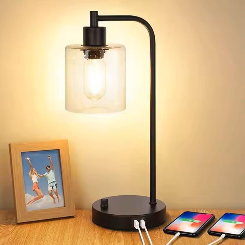 Nowoczesna lampa stołowa LED, ściemnialna lampka nocna ze szklanym kloszem, port ładowania USB/typu C, gniazdo E26/E27, 3 tryby oświetlenia, do sypial